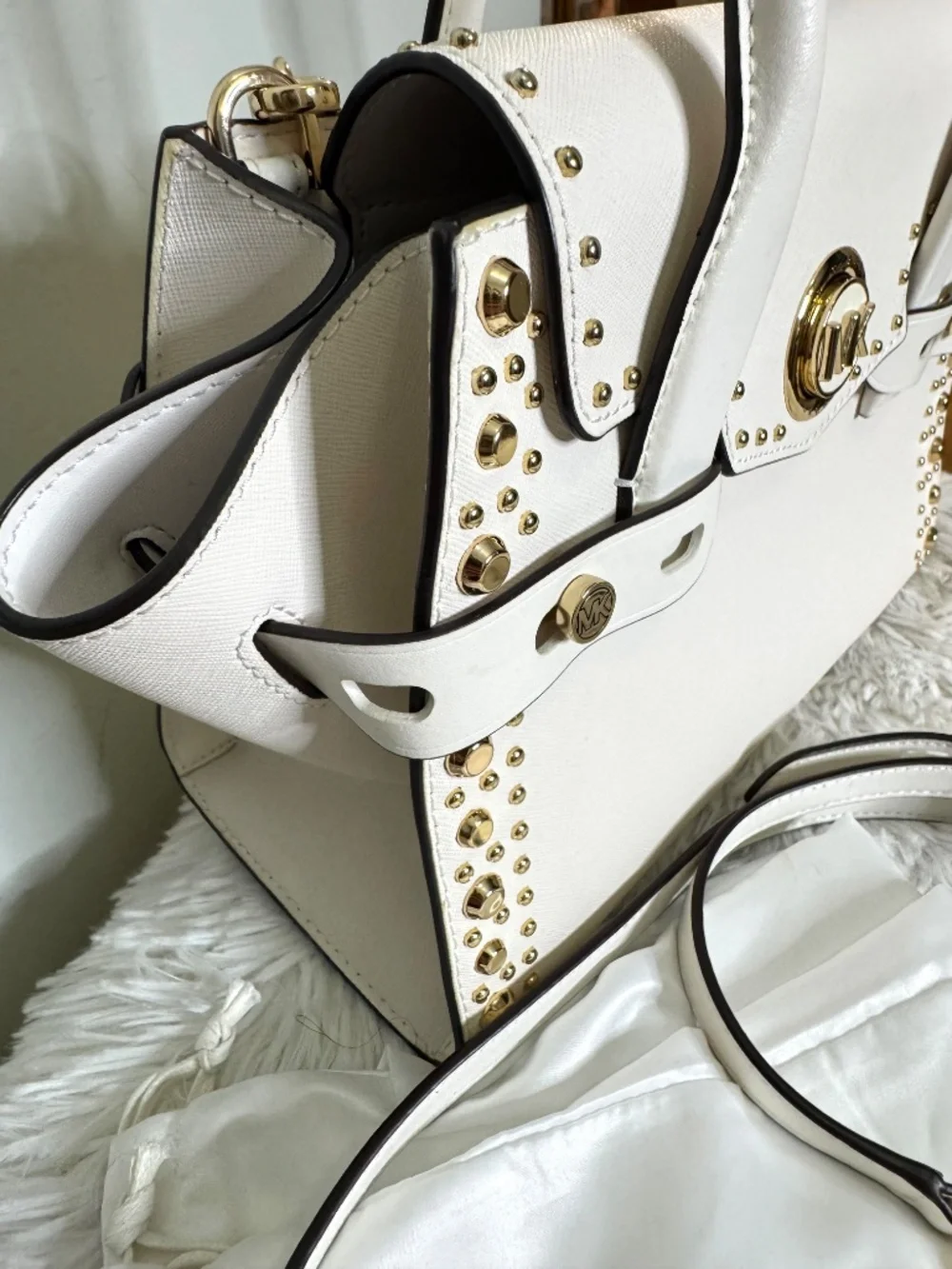 Michael Kors White Leather Studded Satchel Bag w/ Strap & Dust Bag